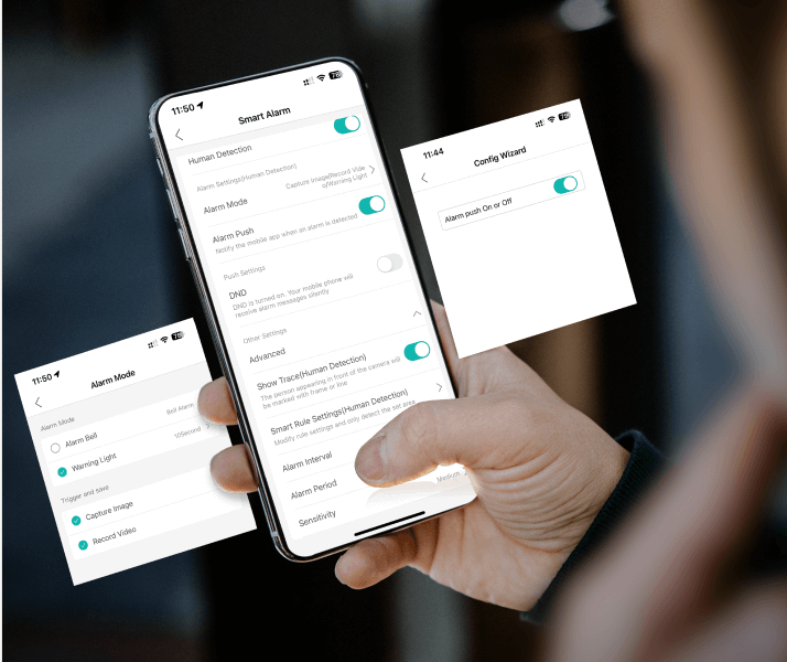 3: Adjusting advanced AI motion detection and smart alarm settings in the Optima X3 Pro mobile app