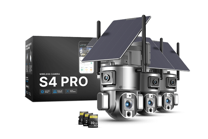 Three solar-powered wireless cameras with packaging, and three microSD cards