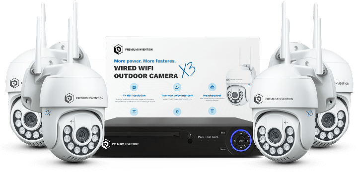 Premium Invention Optima X3 Pro Essential Bundle with four wired WiFi outdoor security cameras and DVR for home surveillance