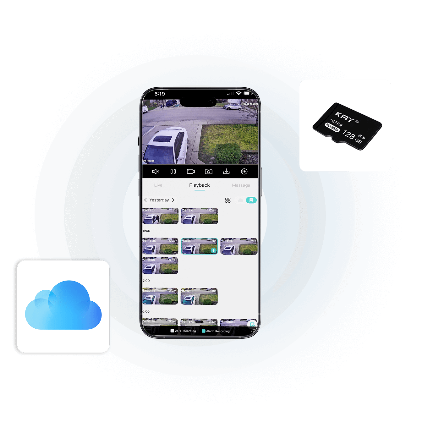 Smartphone displaying security camera playback with cloud storage icon and 128GB Micro SD card for quick access high-capacity storage