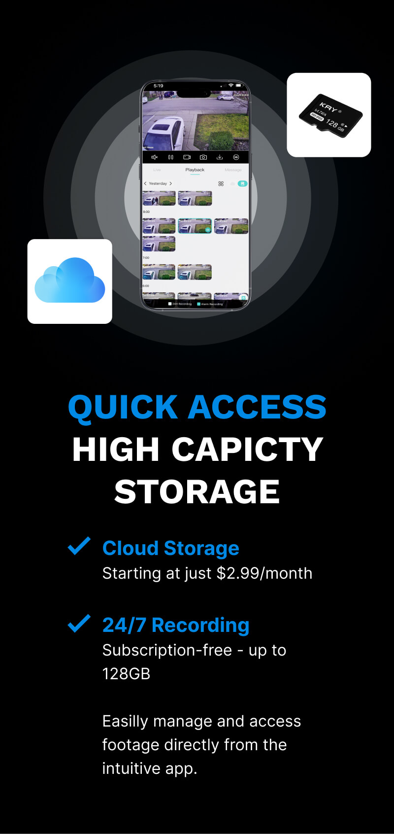 Smartphone displaying security camera playback with cloud storage icon and 128GB Micro SD card for quick access high-capacity storage