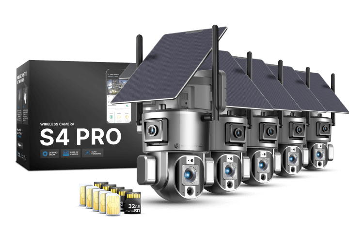 Five solar-powered wireless cameras with packaging and microSD cards.