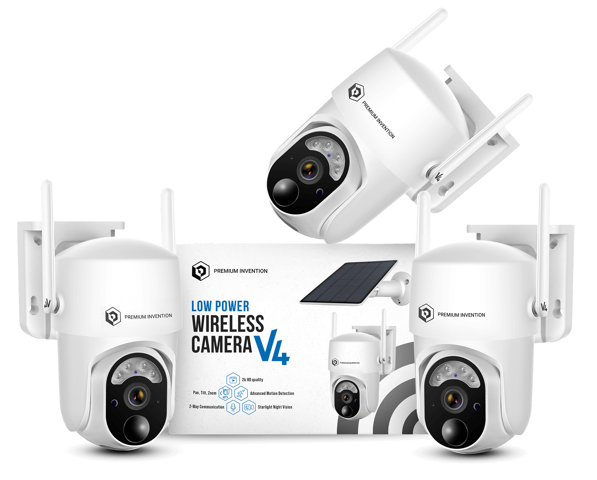 Three white wireless security cameras with antennas and a product box.