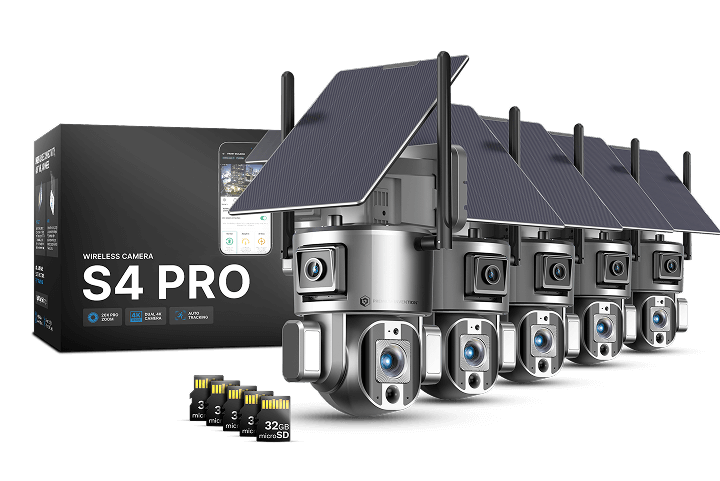 Five solar-powered wireless cameras with packaging, and five microSD cards