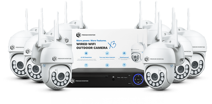 Premium Invention Optima X3 Pro Business Bundle with 8 4K HD wired WiFi outdoor security camera for basic home protection