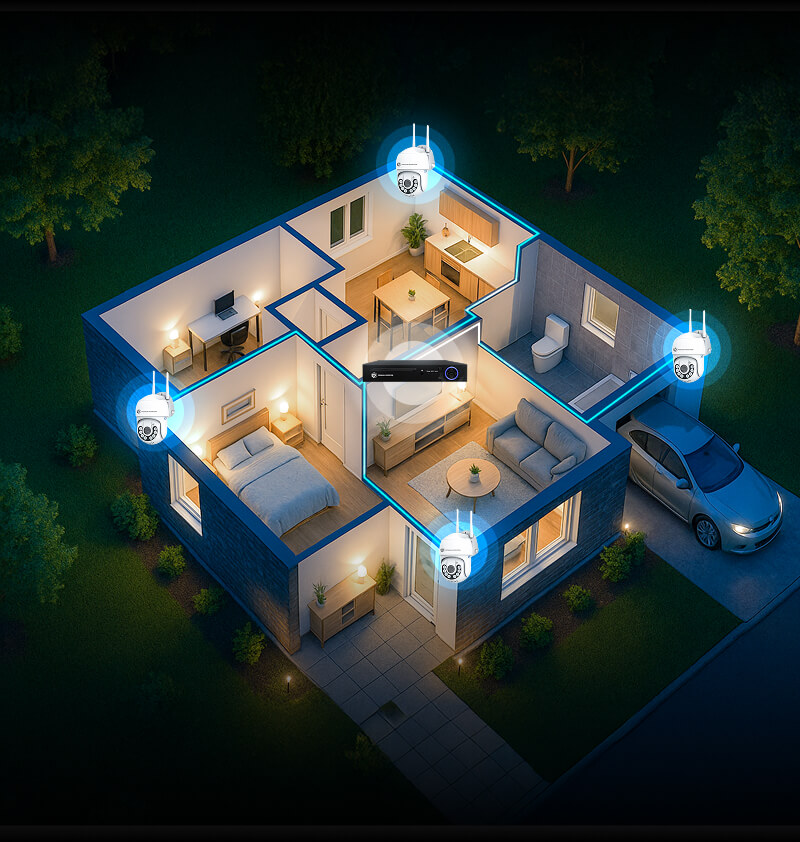 Optima X3 Pro Premium Invention security camera system installation diagram showing cameras protecting a smart home at night