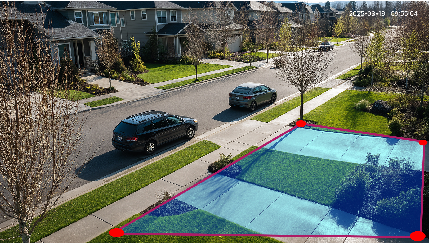 Residential driveway with highlighted security zone overlay, captured by outdoor surveillance camera on a suburban street, dated March 19, 2025, at 09:55 AM
