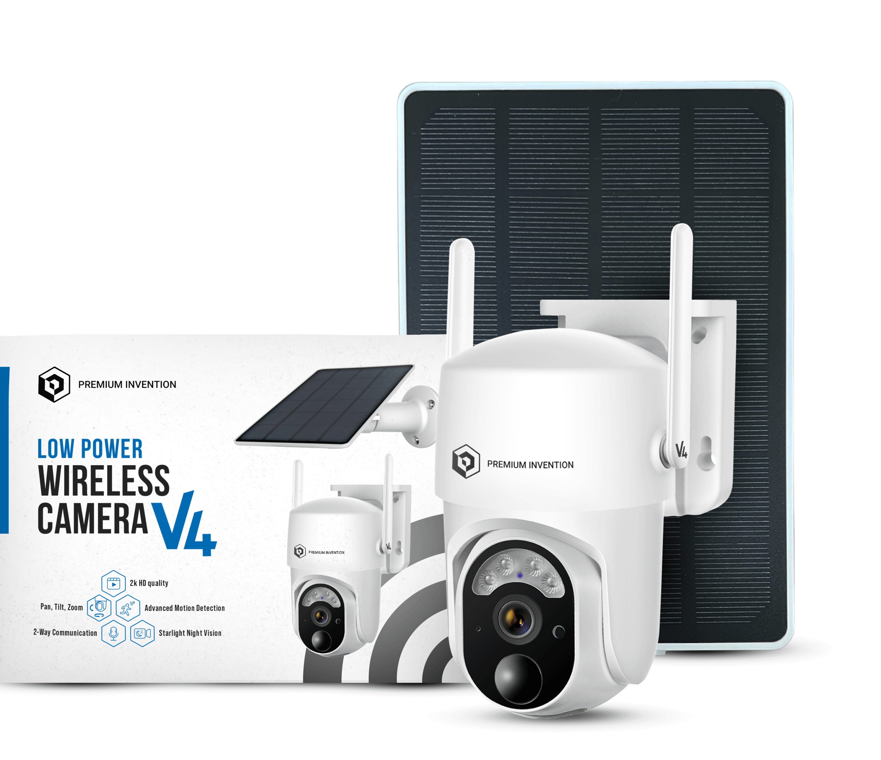 Wireless security camera with solar panel and packaging box.