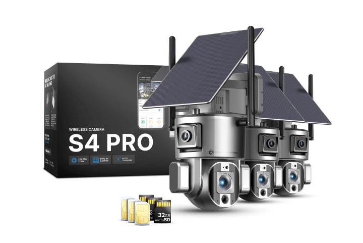 Three solar-powered wireless cameras with packaging and microSD cards.