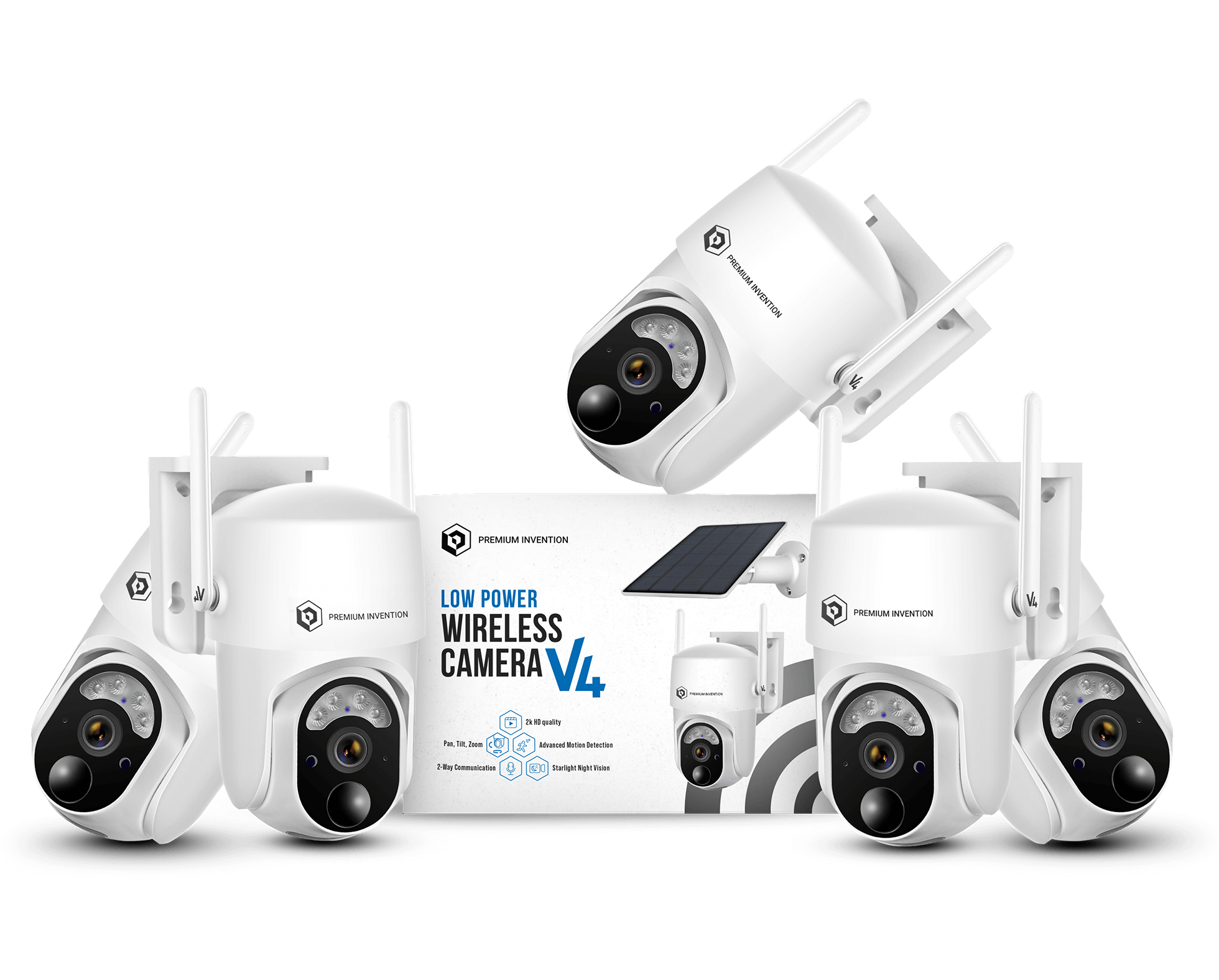 Five white wireless security cameras with antennas and a product box.