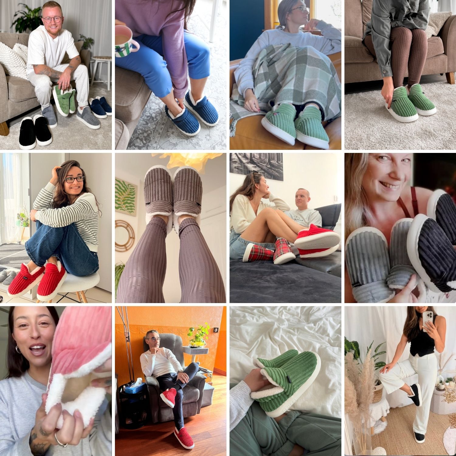 Collage of people wearing and holding cozy slippers indoors.