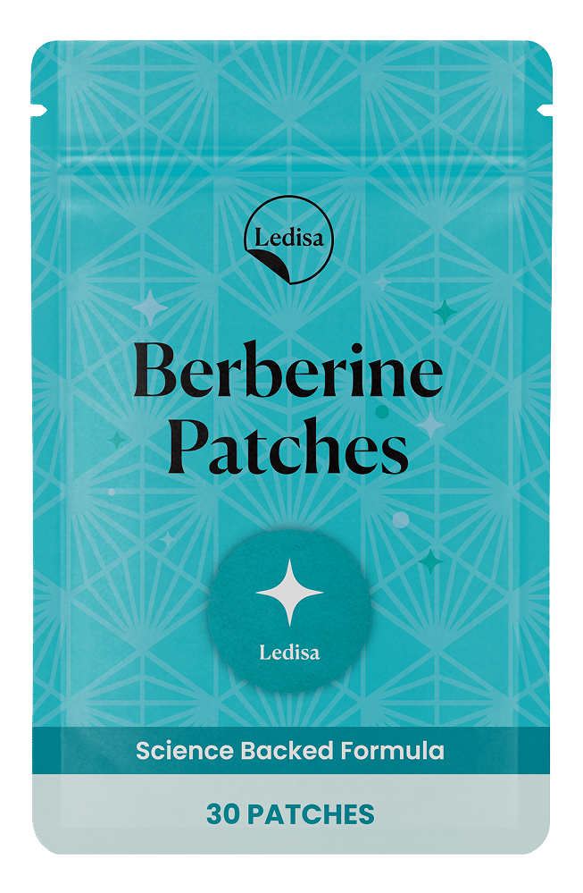 A teal pouch of Ledisa brand Berberine Patches, containing 30 patches, against a white background.