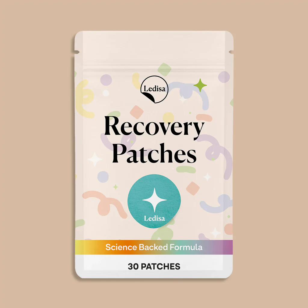 Package of Ledisa Recovery Patches with colorful abstract shapes.