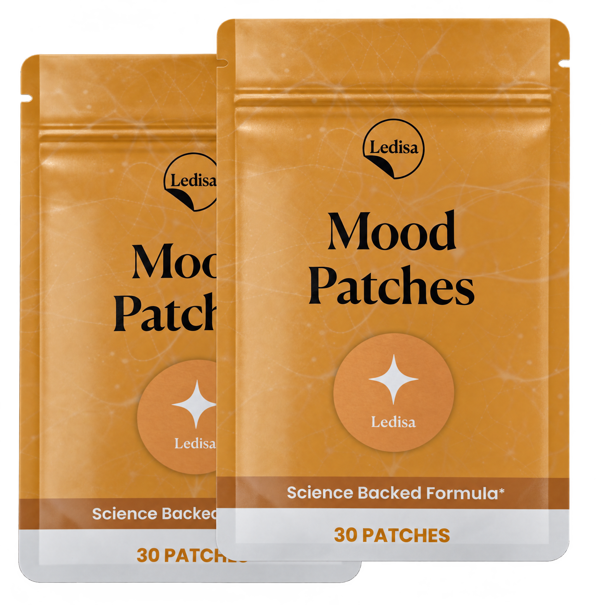 Two orange pouches of Ledisa Mood Patches against a white background, each containing 30 patches.