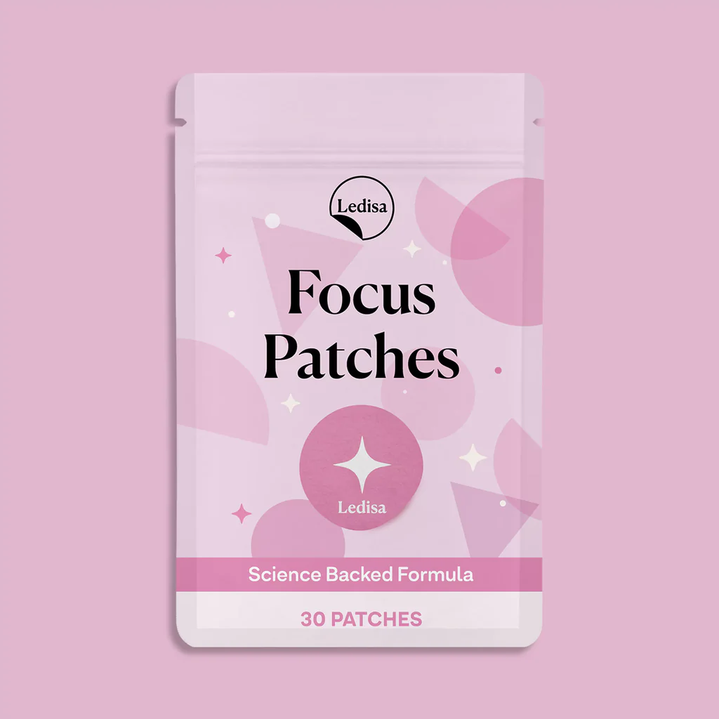 Pink packaging of Ledisa Focus Patches with geometric design.