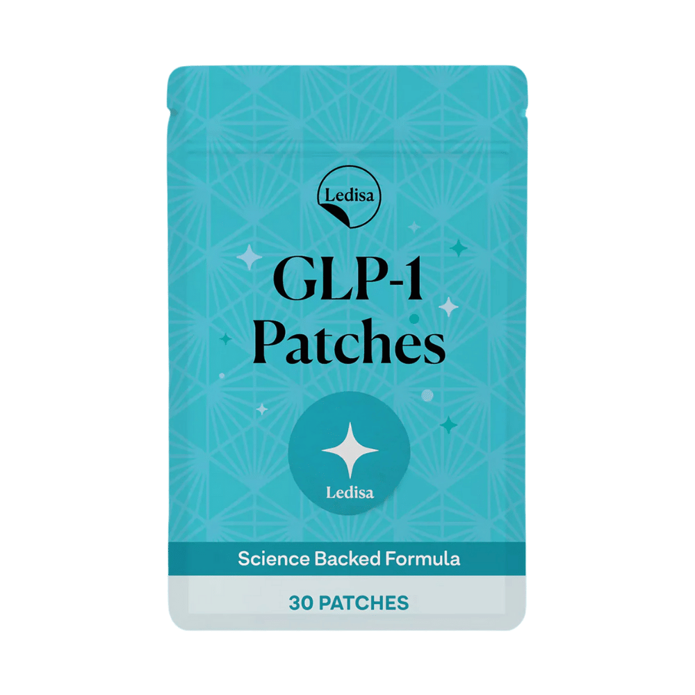 Blue packaging for GLP-1 patches with geometric design.