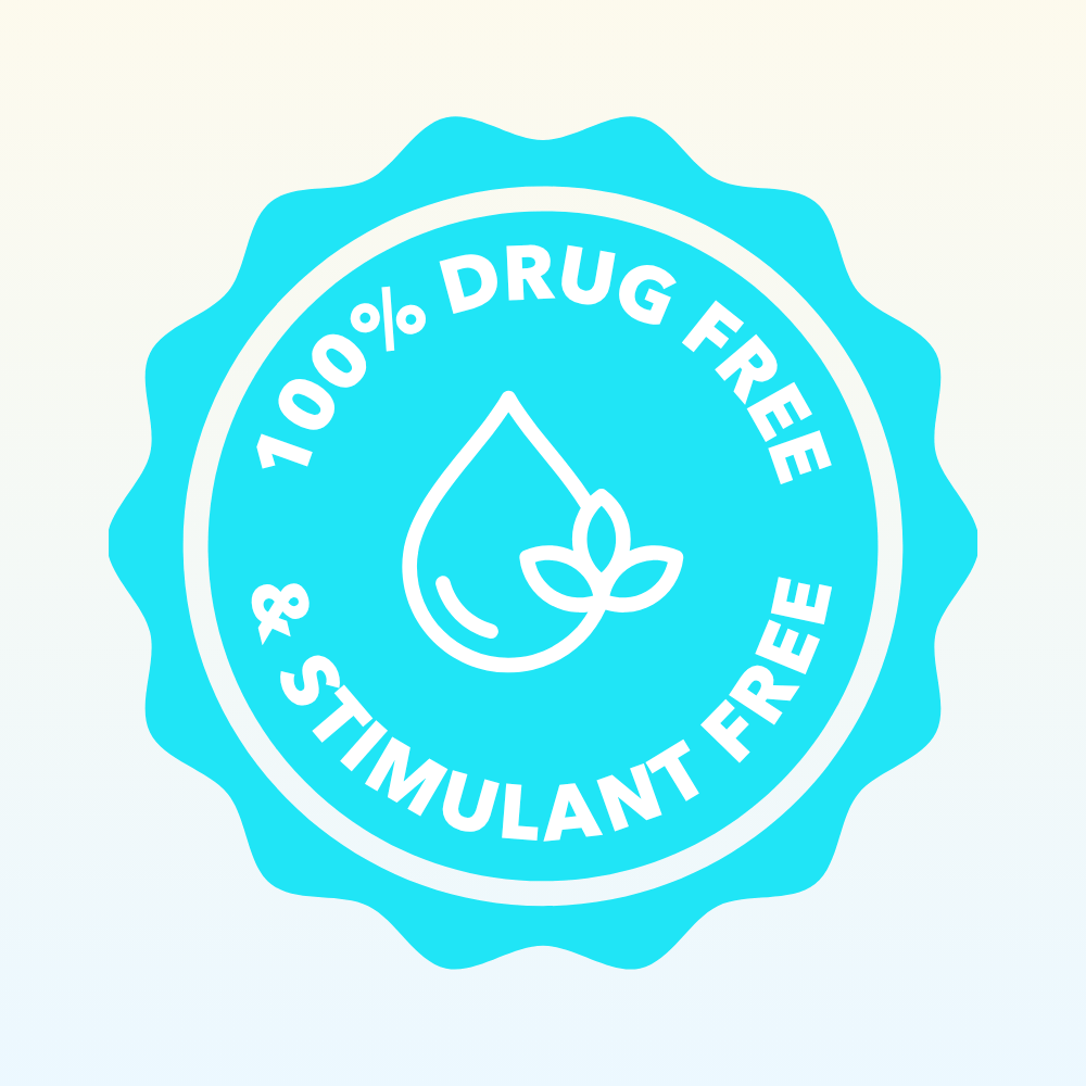 Blue badge with '100% Drug Free & Stimulant Free' text and leaf icon.