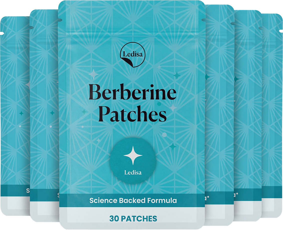 Five fanned-out pouches of Ledisa Berberine Patches against a plain background.