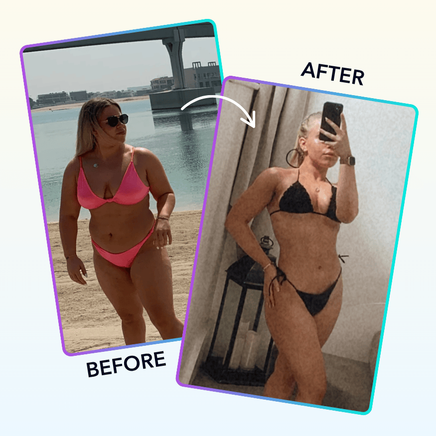 Side-by-side 'before' and 'after' photos of a woman in swimsuits.