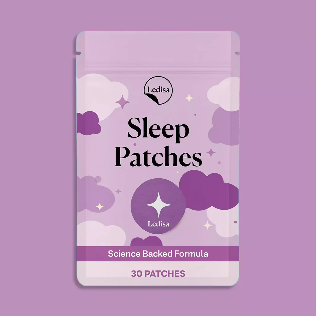 Purple packet labeled 'Ledisa Sleep Patches' with clouds and text 'Science Backed Formula'.
