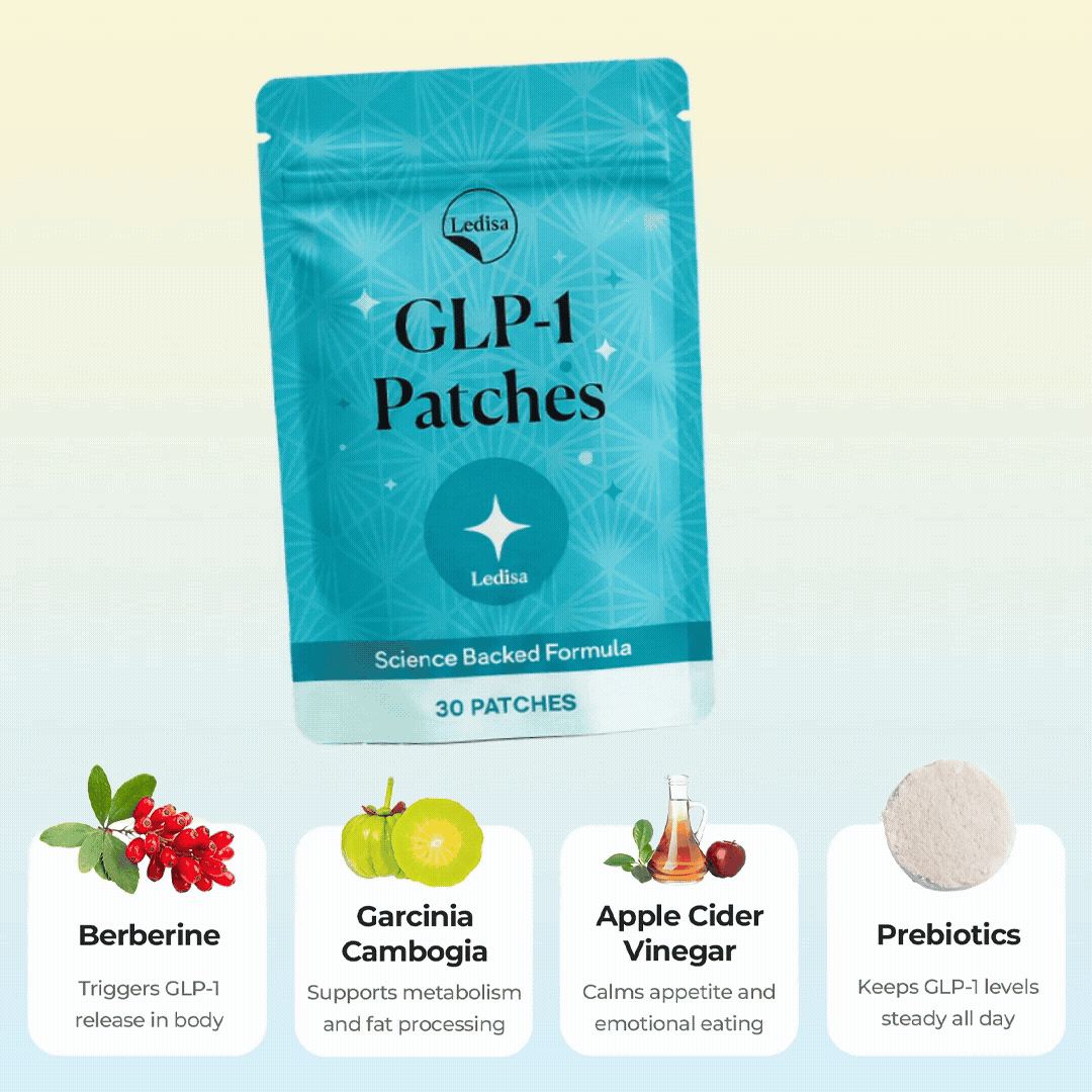 Package of GLP-1 patches with ingredient images and descriptions below.
