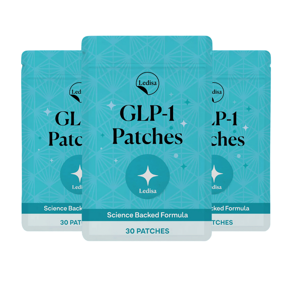 Three blue packages labeled 'GLP-1 Patches' with 'Science Backed Formula' text.