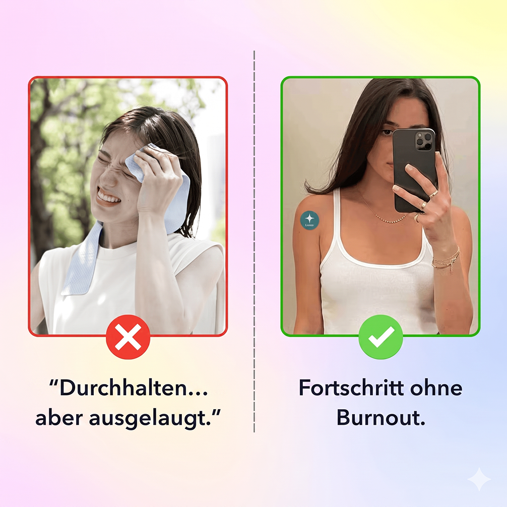 A split image contrasting an exhausted, sweating woman with a calm woman wearing a patch, taking a selfie.