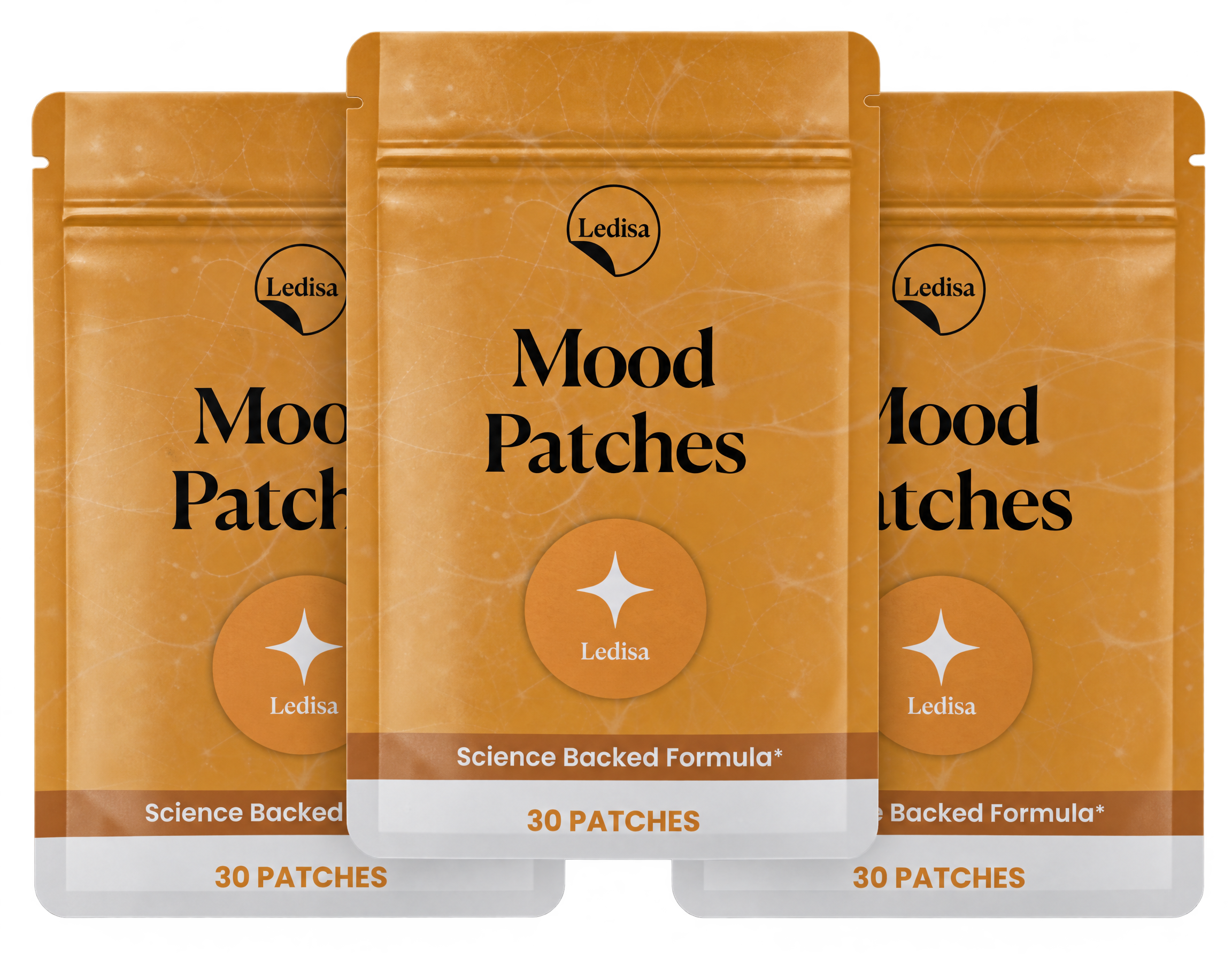 Three orange and white pouches of Ledisa Mood Patches standing side by side.