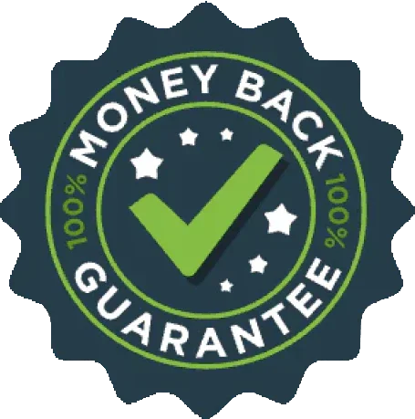 A dark blue seal that says '100% Money Back Guarantee' with a green checkmark in the center