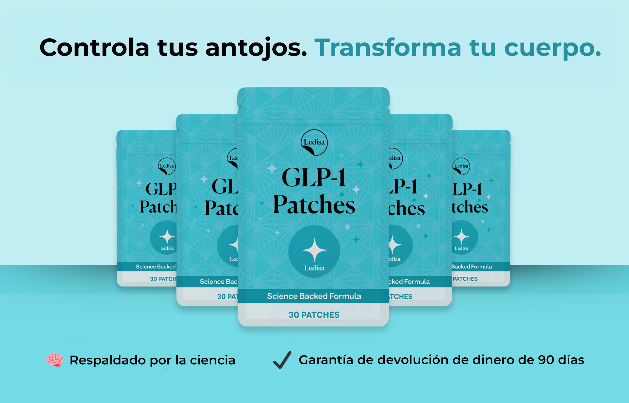 Blue packaging of GLP-1 Patches with text in Spanish.