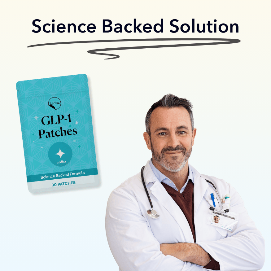 Doctor with GLP-1 patches and 'Science Backed Solution' text.