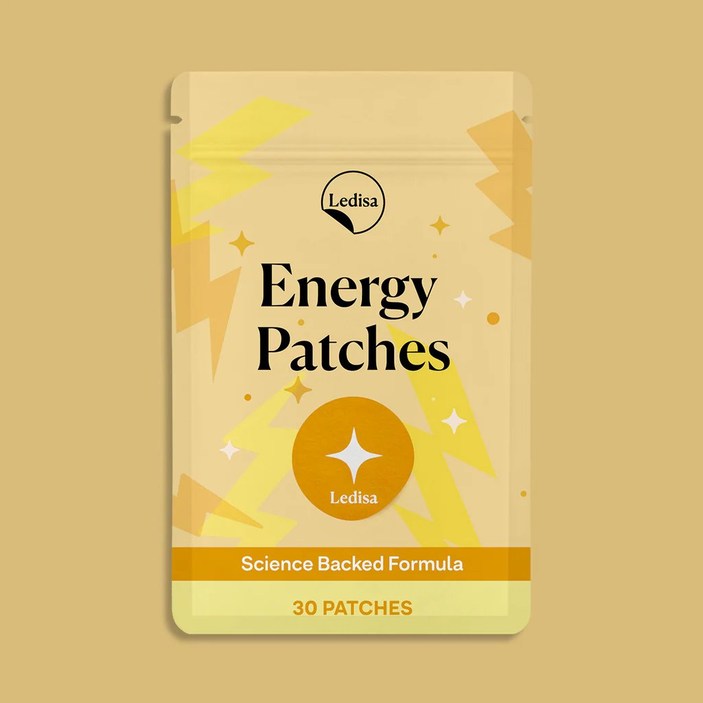 Yellow and orange package labeled 'Energy Patches' with 'Science Backed Formula' and '30 Patches'.