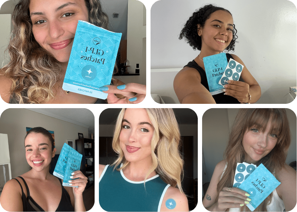 Five people smiling, holding packs of GLP-1 patches.