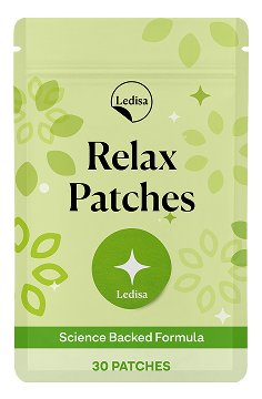 A light green pouch of Ledisa Relax Patches, which contains 30 patches with a science-backed formula.