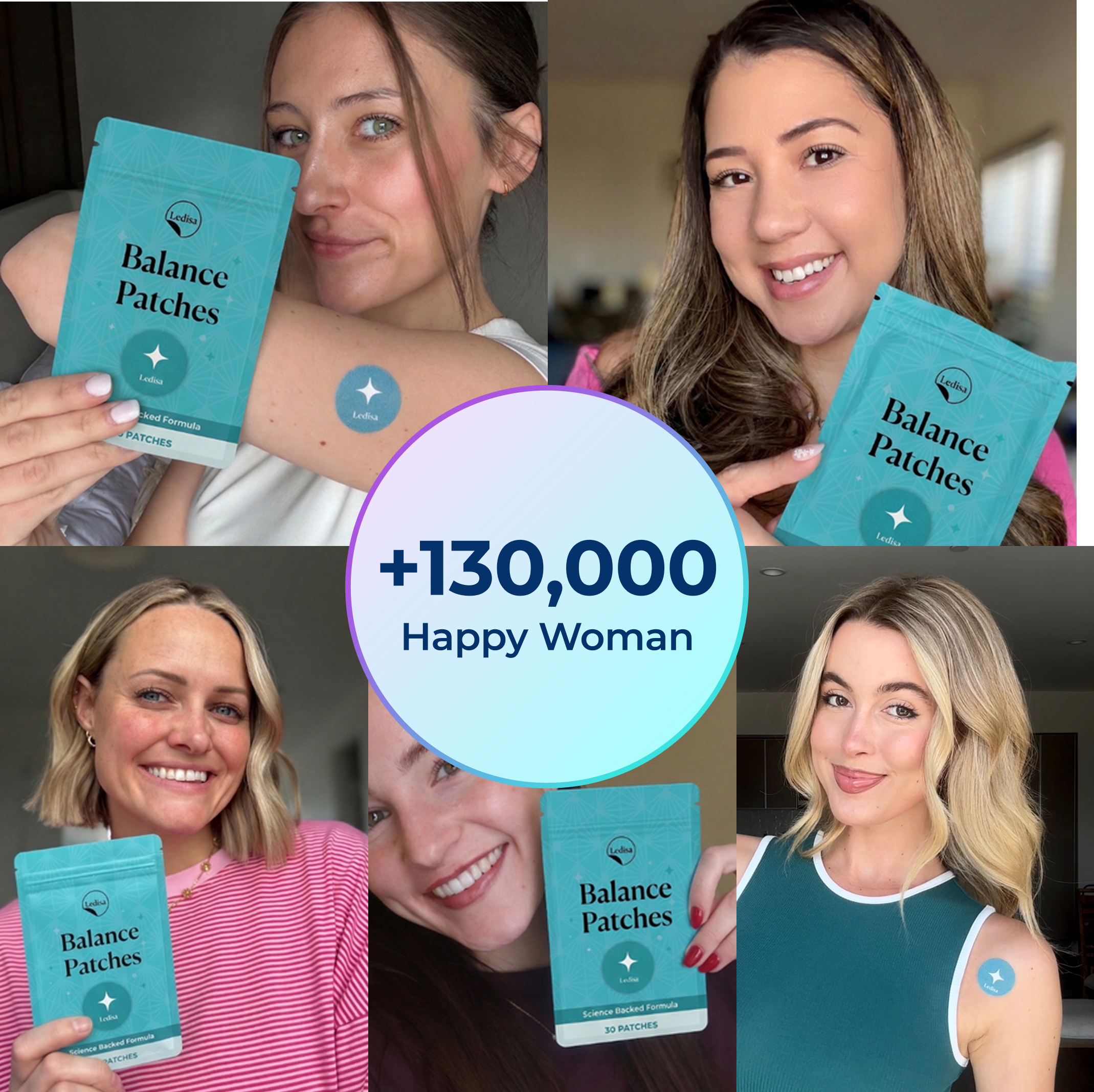 A photo collage of women smiling while holding Ledisa Balance Patches, with text reading '+130,000 Happy Woman'.
