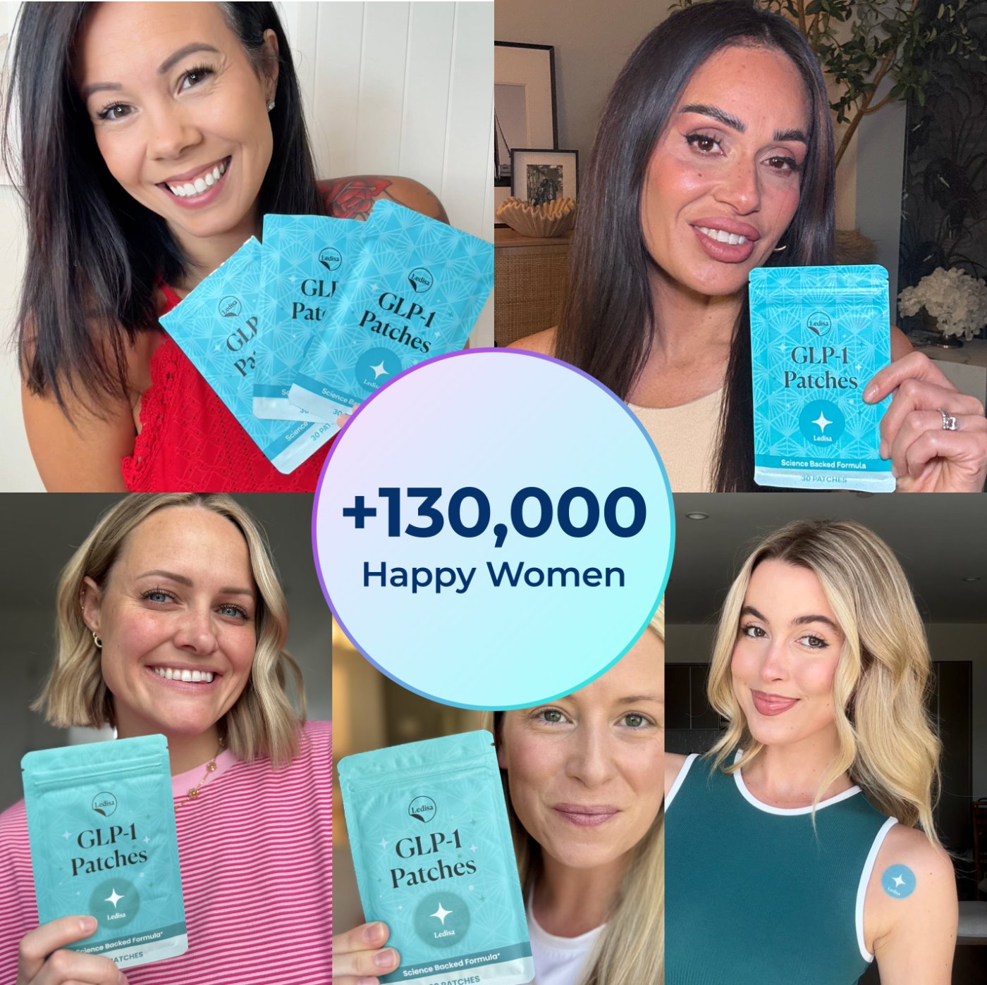 A collage of five women smiling and holding pouches of 'GLP-1 Patches'.