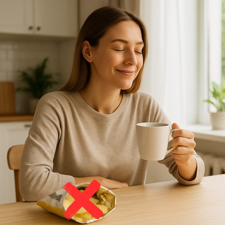 Woman smiling with closed eyes, holding a mug, next to a crossed-out snack bag.