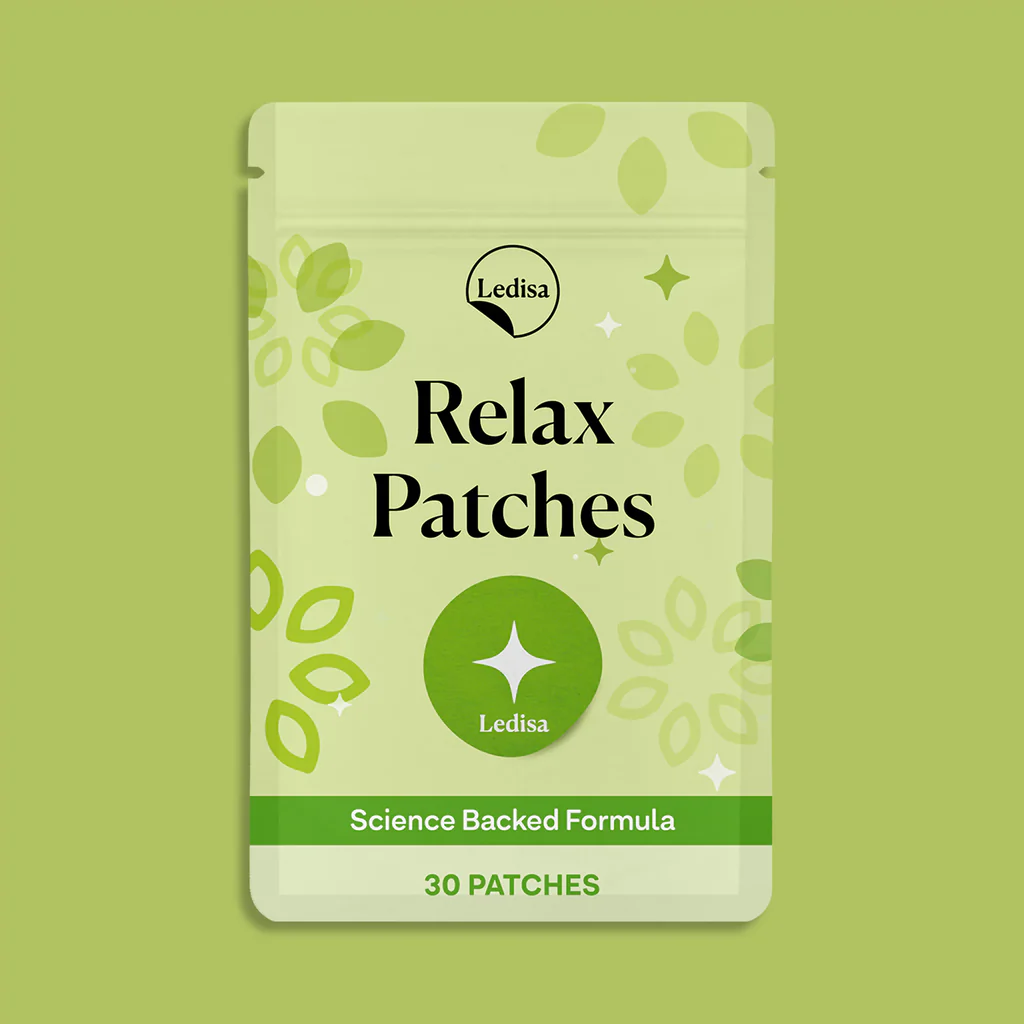 Package labeled 'Relax Patches' with leaf design on a green background.