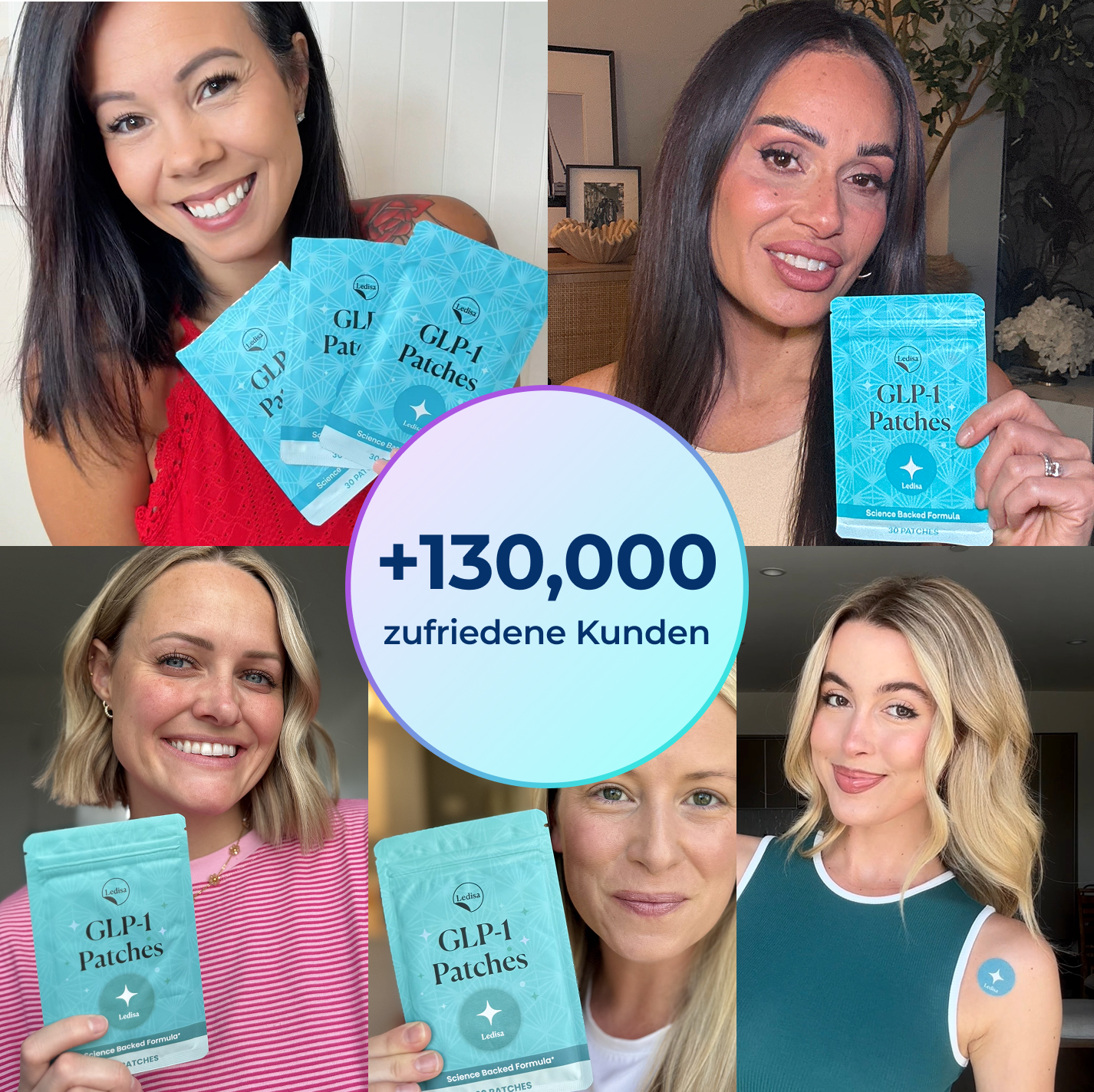 A collage of five women holding packages of GLP-1 Patches, with text in the center that says '+130,000 zufriedene Kunden'.