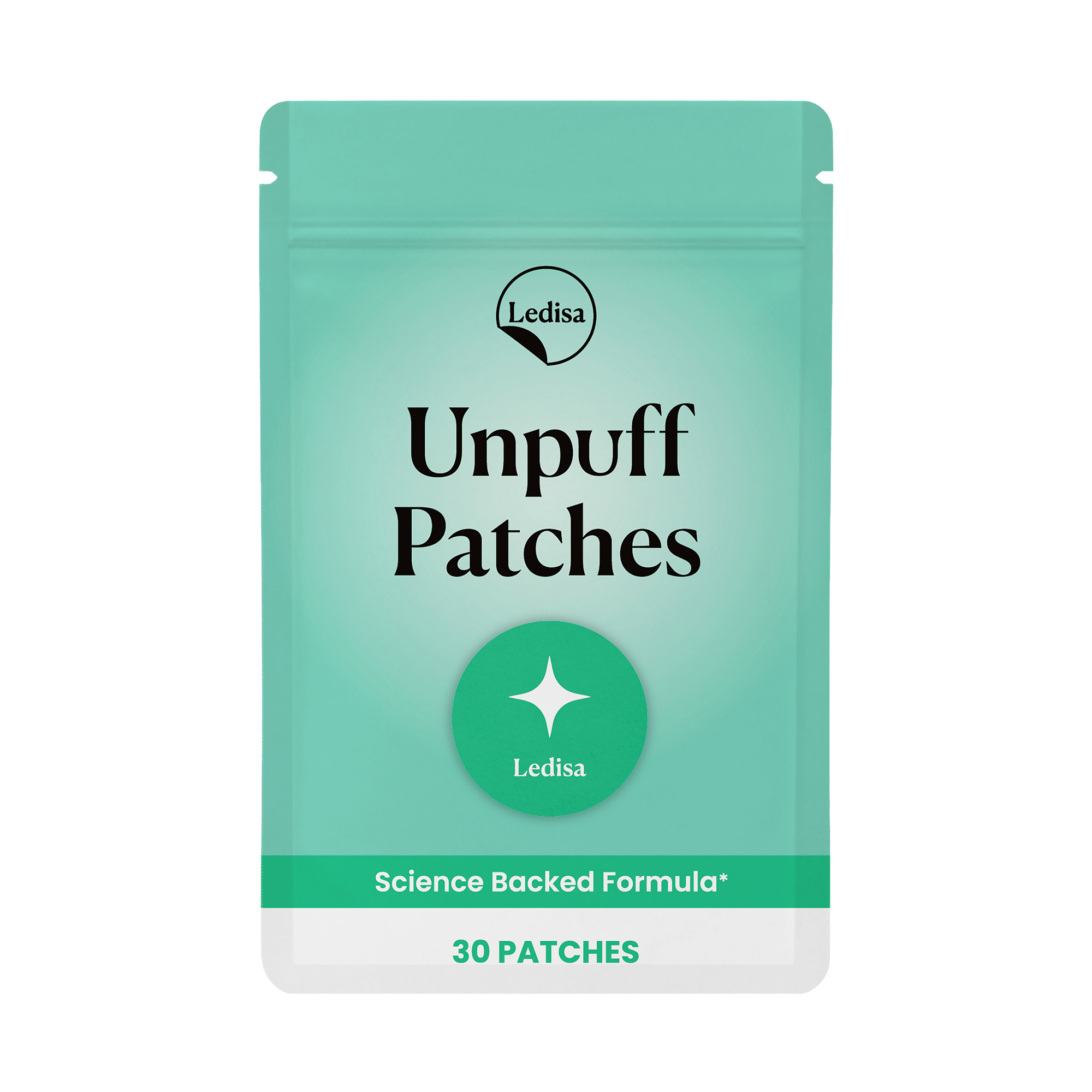 Packaging of 'Unpuff Patches' by Ledisa with 30 patches inside.