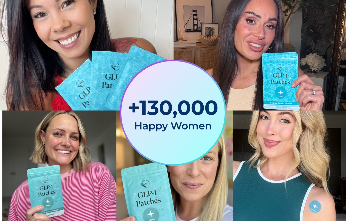 A collage of five smiling women holding packages of GLP-1 Patches, with text reading '+130,000 Happy Women'.