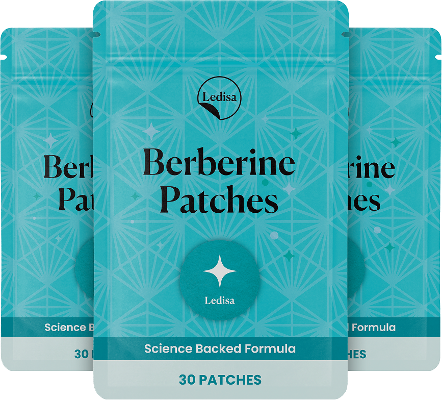 Three pouches of Ledisa Berberine Patches with a teal, geometric design, against a white background.