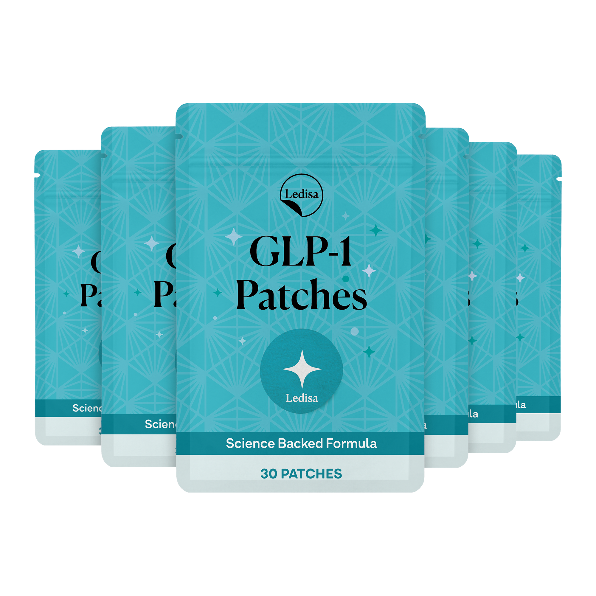 A fanned-out display of several teal pouches of Ledisa GLP-1 Patches against a white background.
