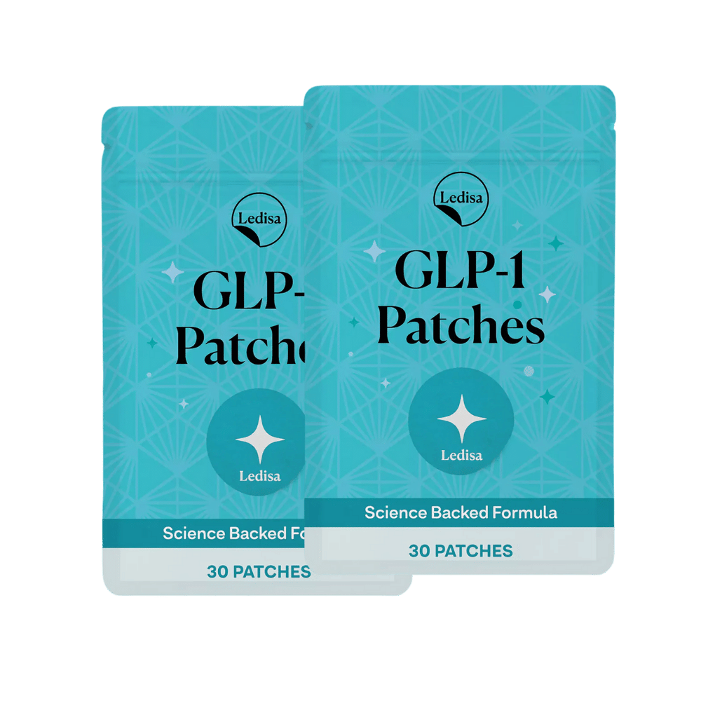 Two teal packages labeled 'GLP-1 Patches' with 'Science Backed Formula' text.