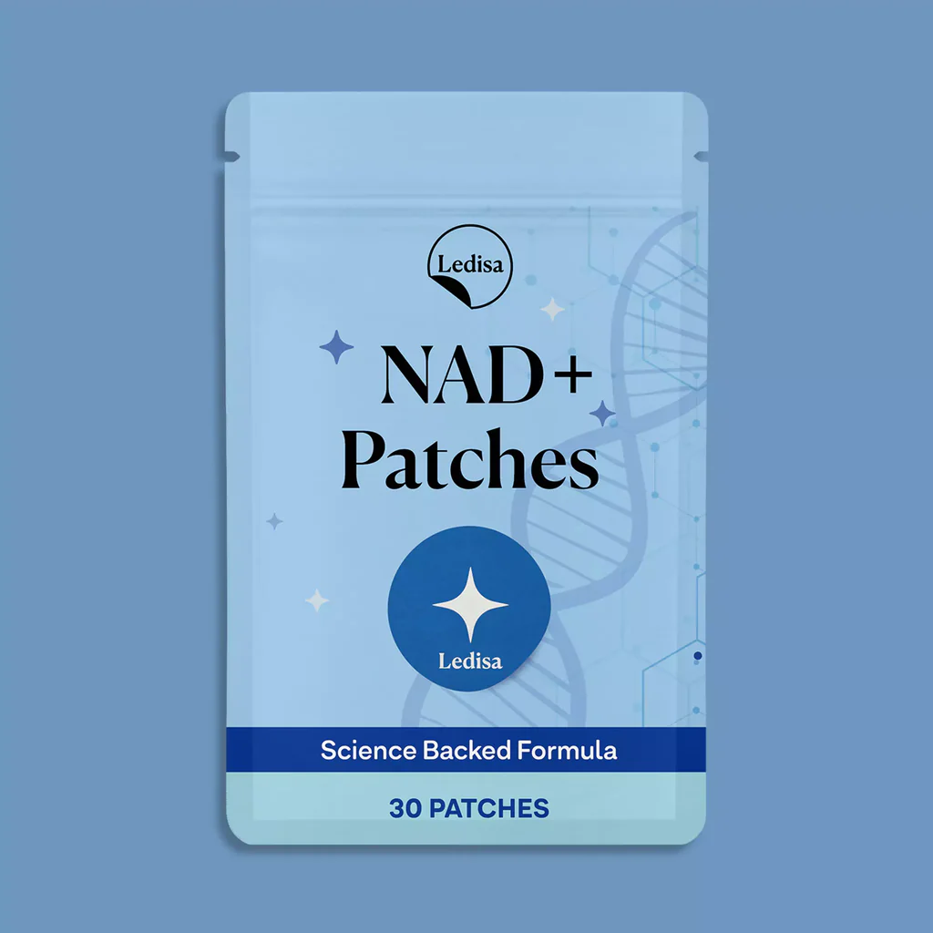Blue packaging for Ledisa NAD+ Patches with DNA helix design.