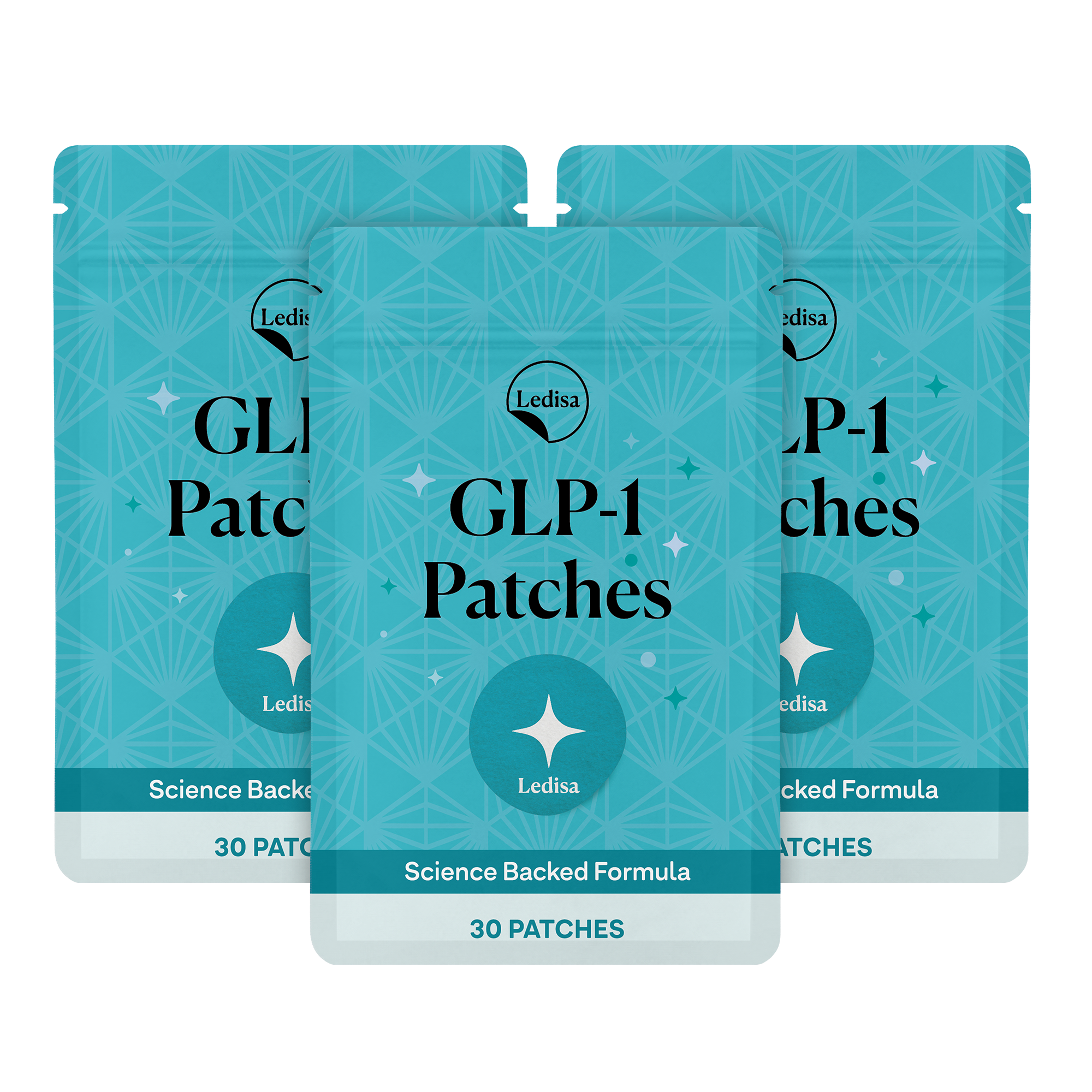 Three teal pouches of Ledisa brand GLP-1 Patches arranged against a plain white background.