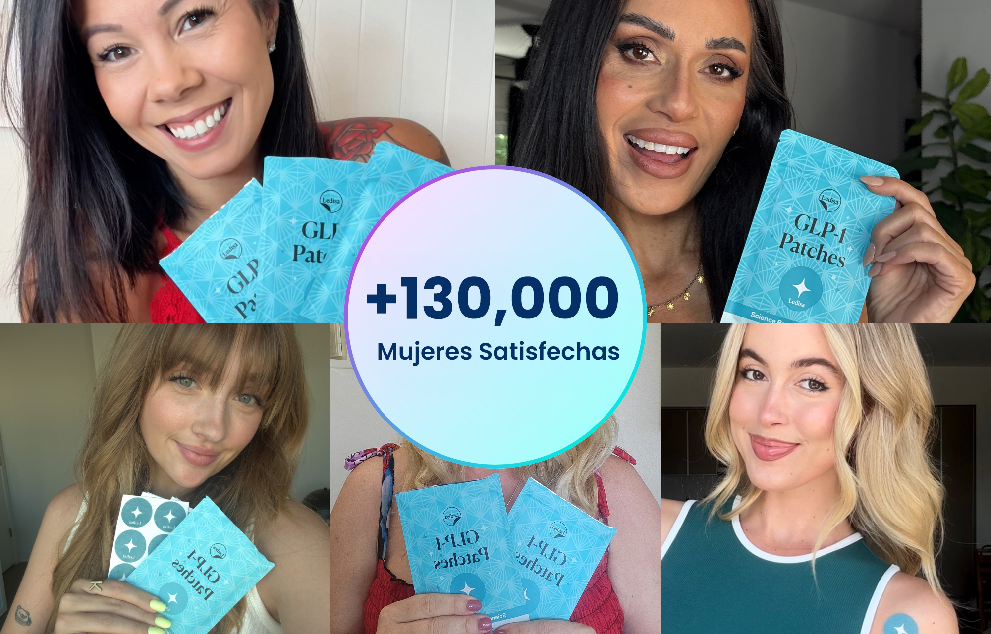 Collage of women holding GLP-1 patches with text, '+130,000 Mujeres Satisfechas.'