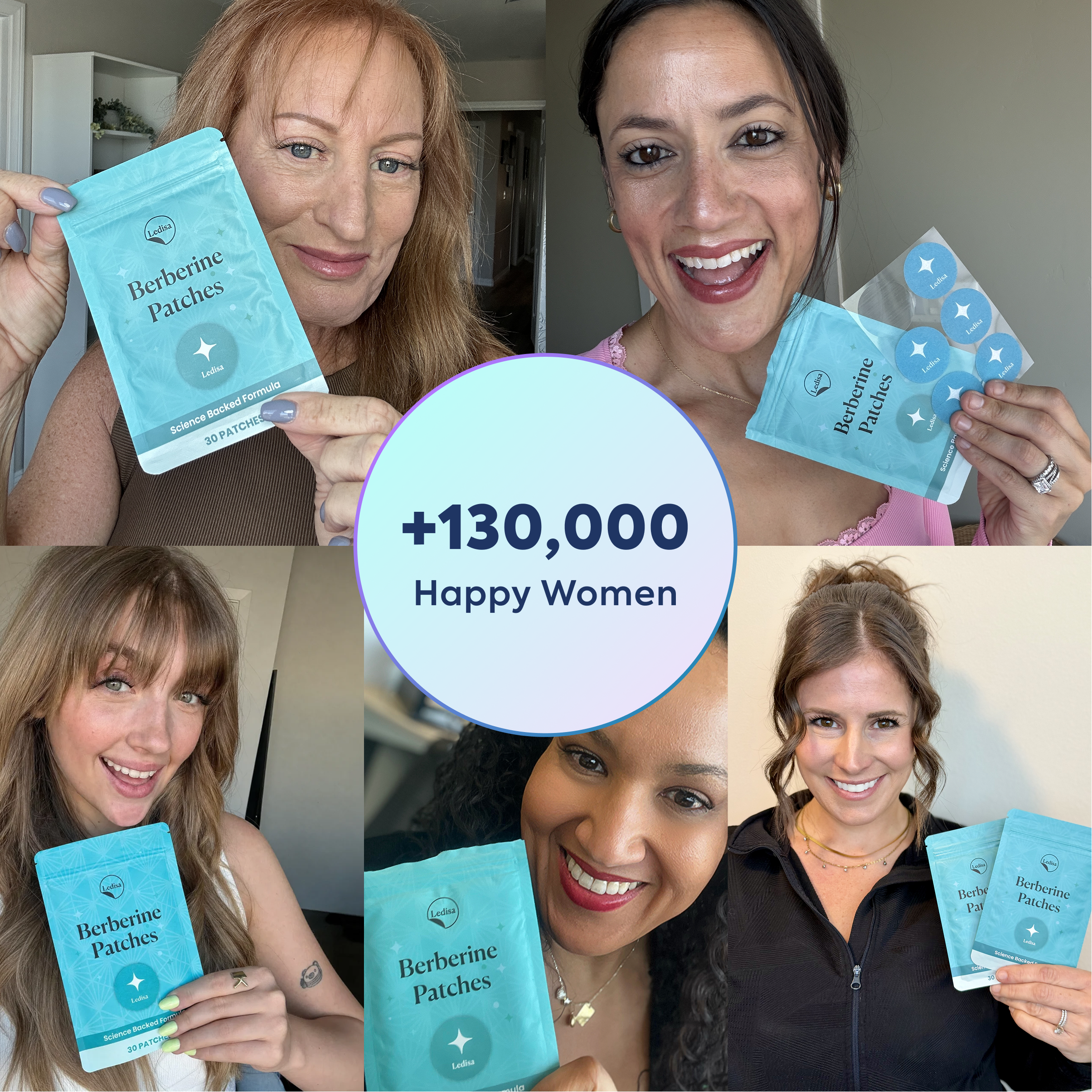 A collage of five smiling women holding pouches of Ledisa Berberine Patches, with text reading '+130,000 Happy Women'.