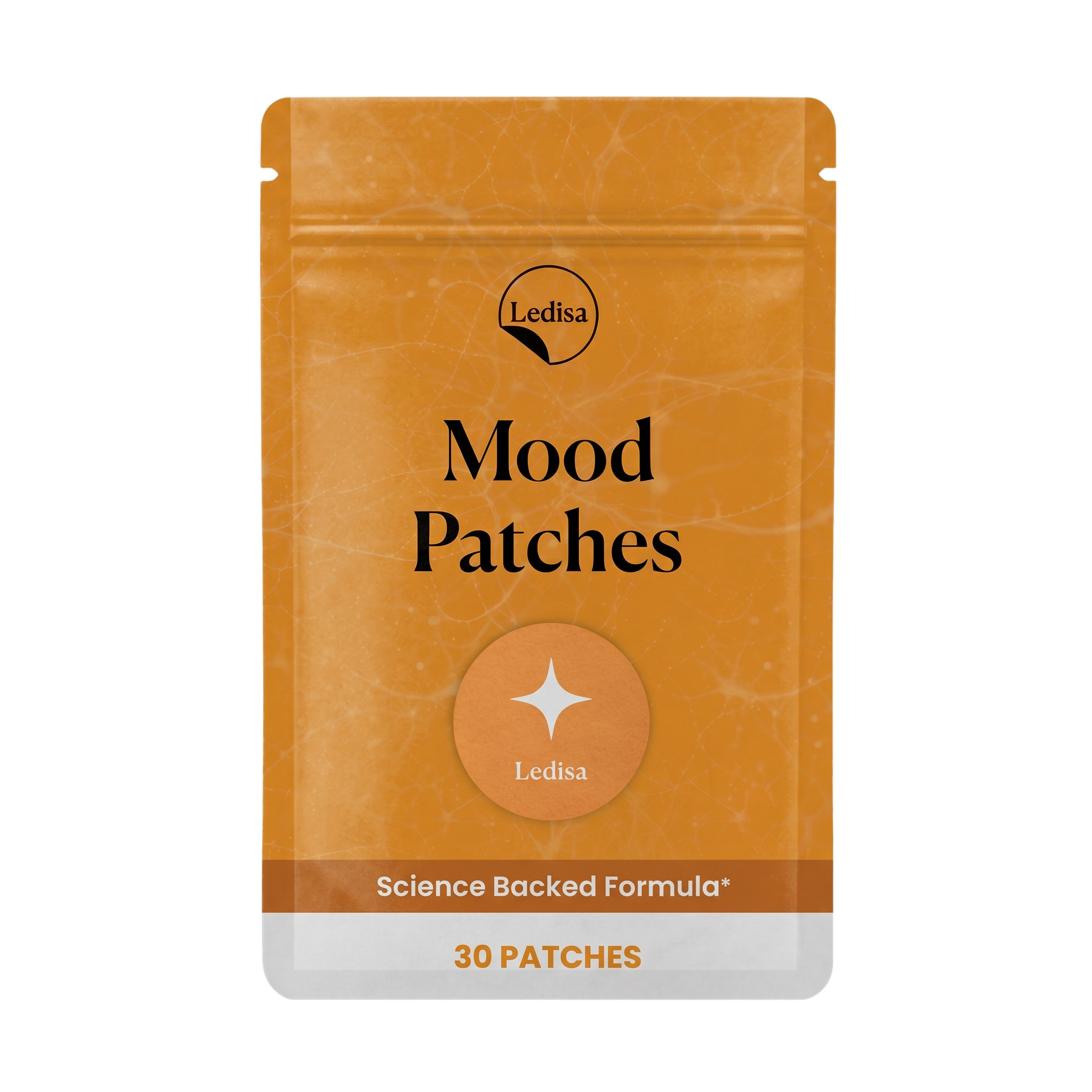An orange pouch of Ledisa Mood Patches, which contains 30 patches with a science-backed formula.