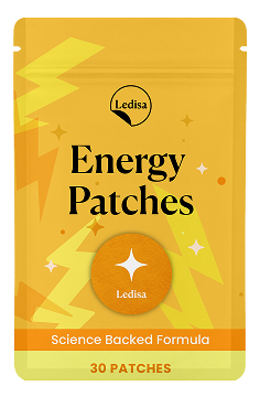 A yellow pouch labeled 'Ledisa Energy Patches' with lightning bolt graphics, containing 30 patches.